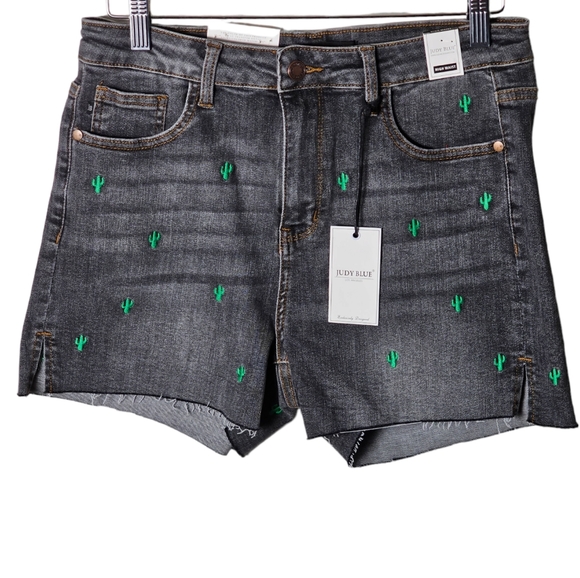Judy Blue Shorts Grey Denim Size Large Cactus Embroidered‎ High Rise NWT Stretch - Picture 2 of 16